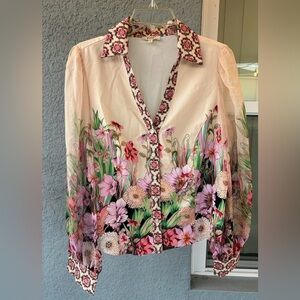 Women’s Peach V-neck Sheer Floral Sleeves Whimsical Button Front XL Garden Party